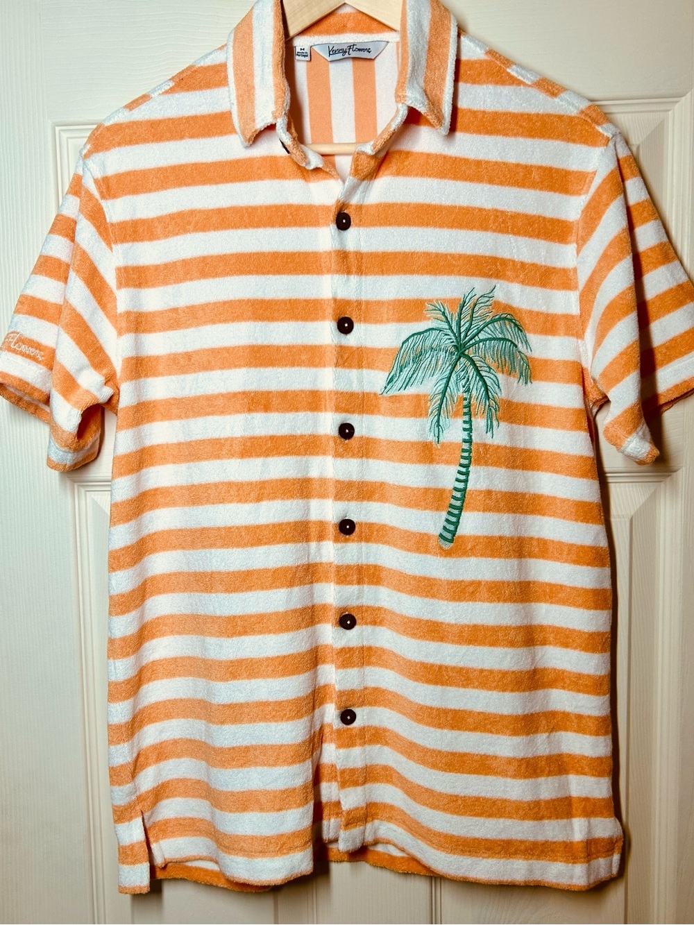 Kenny Flowers Orange White Stripe Button Down Terry Cloth Embroidered Palm Sz M